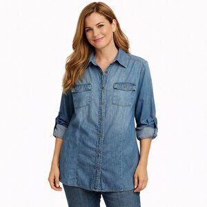 Pure Energy Size 2 Blue Jean Shirt Roll Tab Sleeves Front Pockets